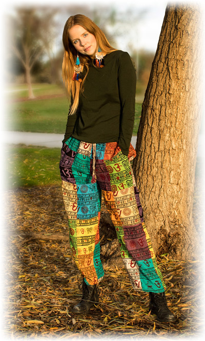 Multicolored Om Patchwork Boho Pants with Cuffed Ankles