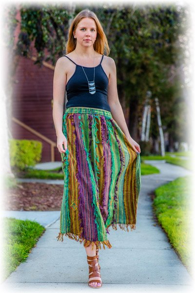 Vertical Patchwork Bohemian Gypsy Skirt with Thread Fringes