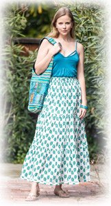 Summer Cotton Maxi Full Long Skirt in White with Blue Print