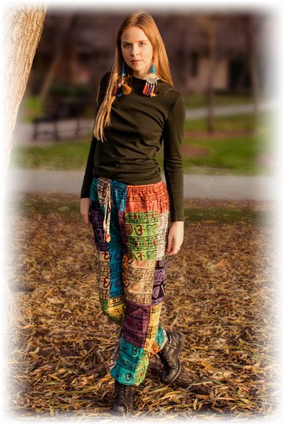 Multicolored Om Patchwork Boho Pants with Cuffed Ankles