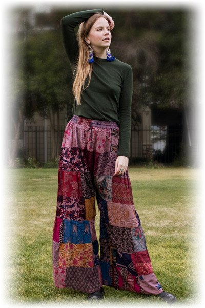 Dusty Mauve Wide Leg Hippie Patchwork Trousers