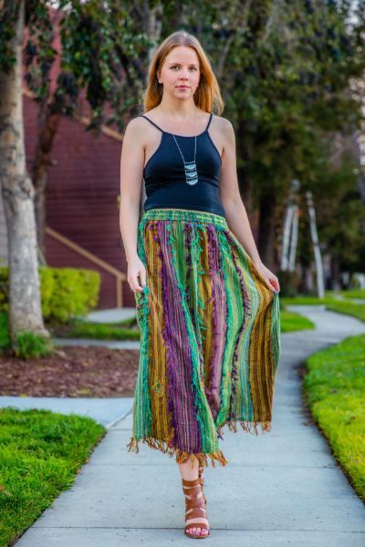 Vertical Patchwork Bohemian Gypsy Skirt with Thread Fringes