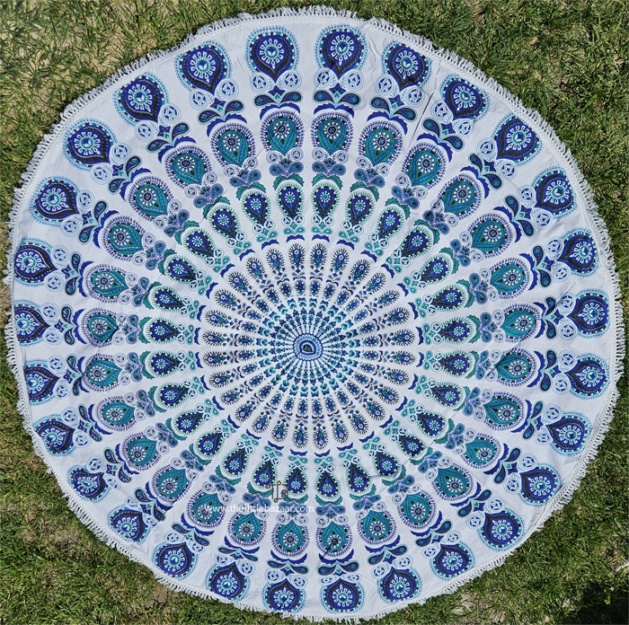 Milk Blue Peacock Mandala Hippie Tapestry Picnic Mat