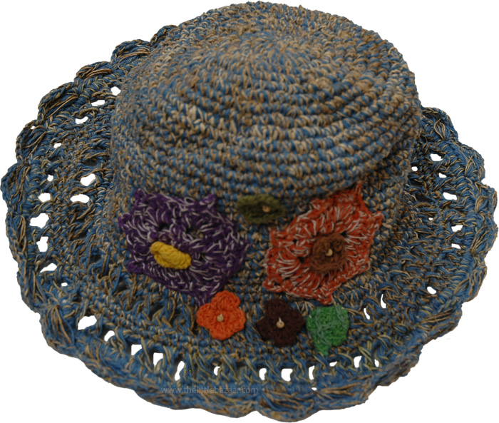 Scalloped Dusty Blue Crochet Hemp Sun Hat