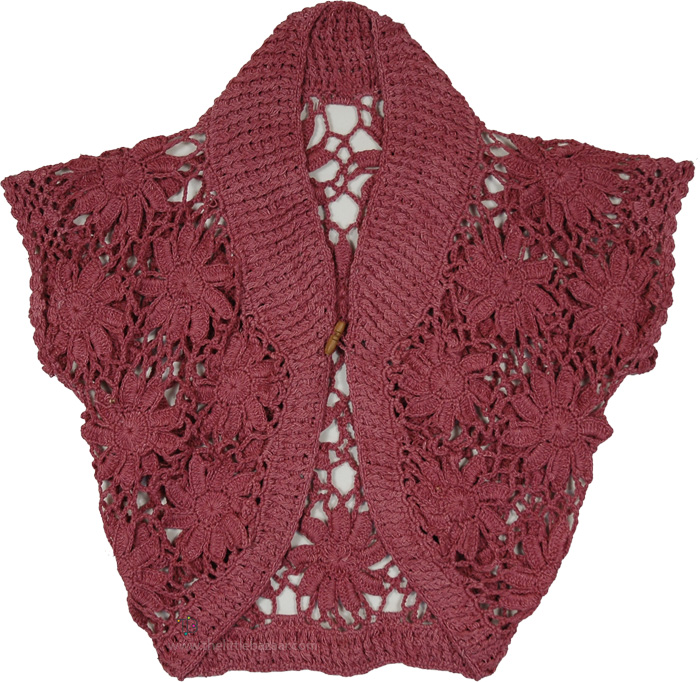 Dusty Rose Hand Knit Floral Crochet Bolero