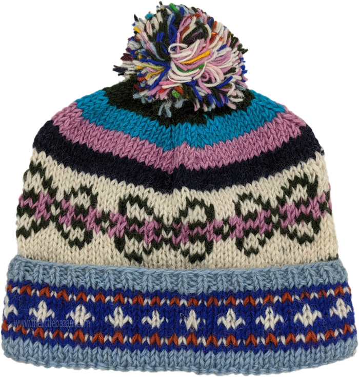 Pure Wool Handknit Blush Hat with Multicolored Pom