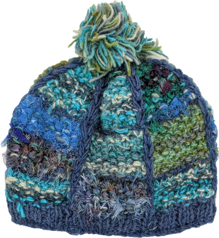 Turquoise Blue Wool and Fabric Beanie Hat with Pompom