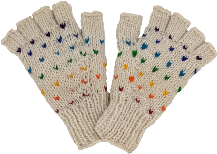 White Wool Half Gloves with Rainbow Pattern