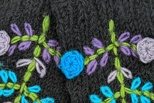 Midnight Black Woolen Hand Warmers with Floral Details