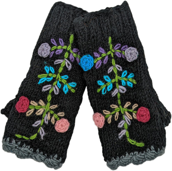 Midnight Black Woolen Hand Warmers with Floral Details