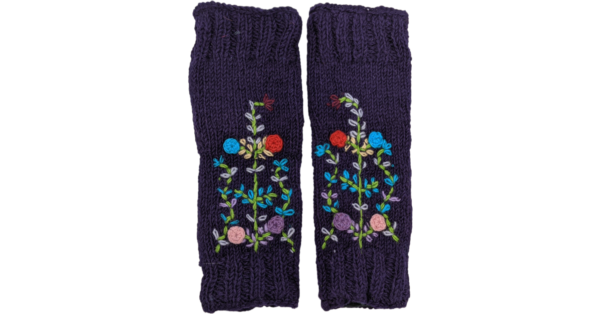 Purple Woolen Leg Warmers with Floral Details Accessories Purple