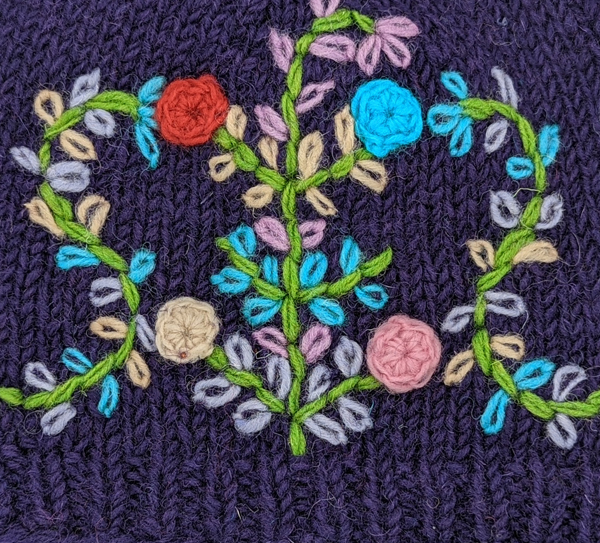 Dark Purple Woolen Skull Cap with Floral Details
