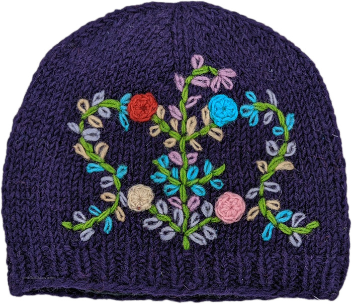 Dark Purple Woolen Skull Cap with Floral Details