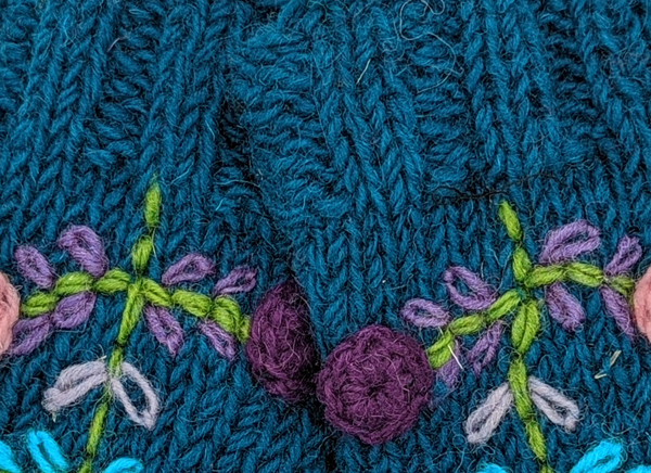 Teal Blue and Floral Hand Knitted Woolen Hand Warmers