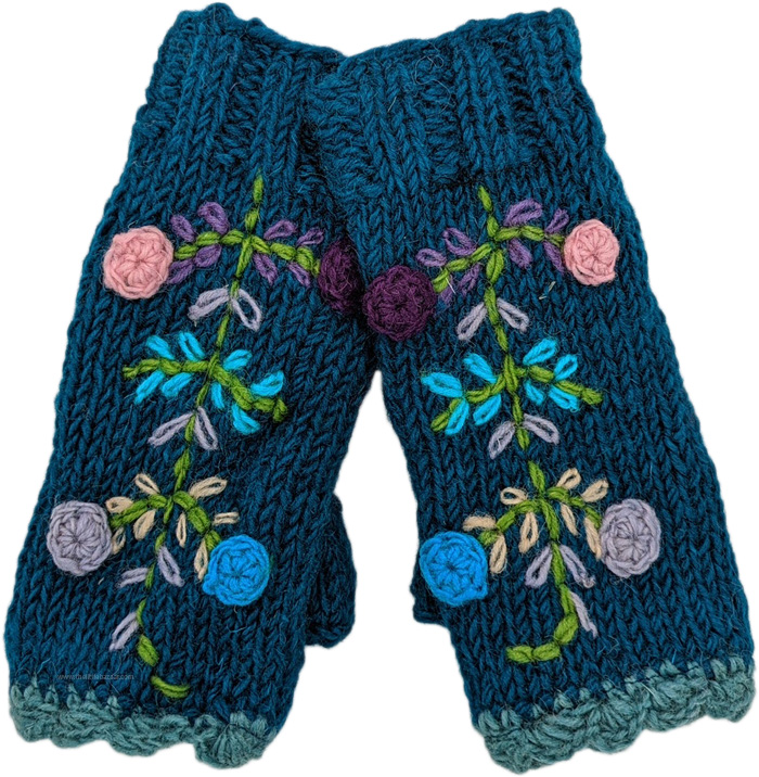 Teal Blue and Floral Hand Knitted Woolen Hand Warmers