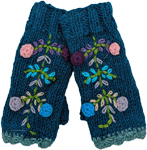 Fleece Lined Teal Blue Hand Warmers with Floral Details [8764]