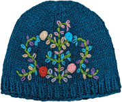 Blue Handwoven Woolen Cap with Floral Motifs [8766]