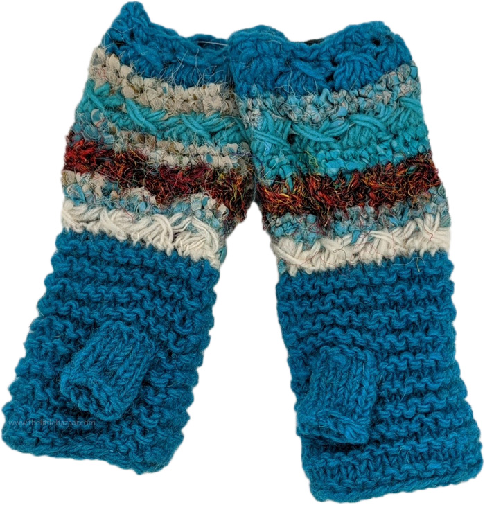 Blue interwoven Wool Silk Fingerless Hand Warmers