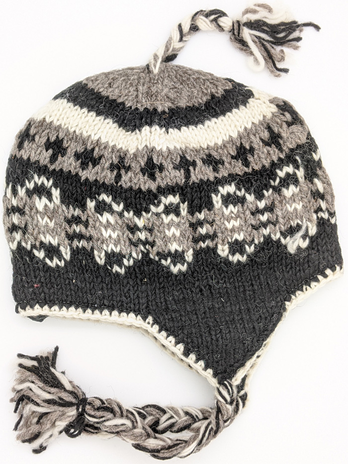 Pure Wool Hand Knitted Black and White Ear Covered Hat