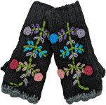 Midnight Black Woolen Hand Warmers with Floral Details