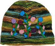 Multicolored Hippie Hues Woolen Flowers Striped Skull Cap