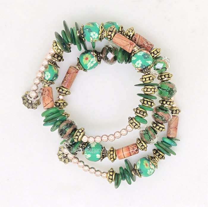Green Light Beaded Spiral Coil Bracelet