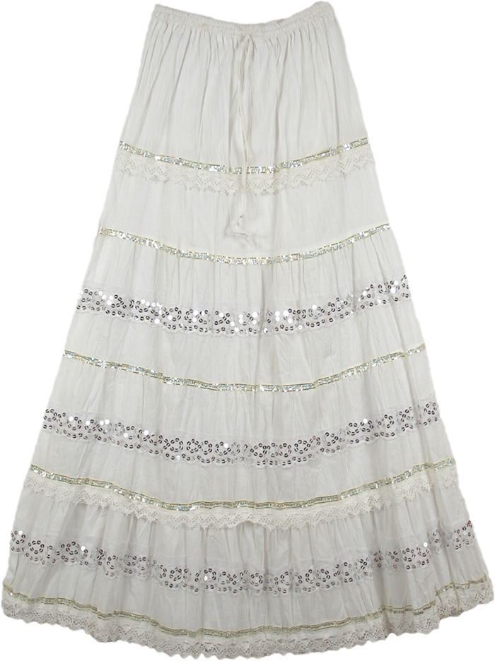 White Silver Sequin Deco Long Skirt