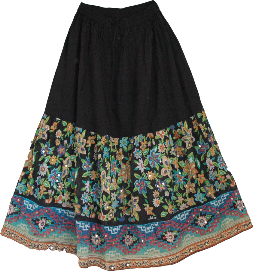 Black Cotton Bold Floral Skirt | Sequin-Skirts