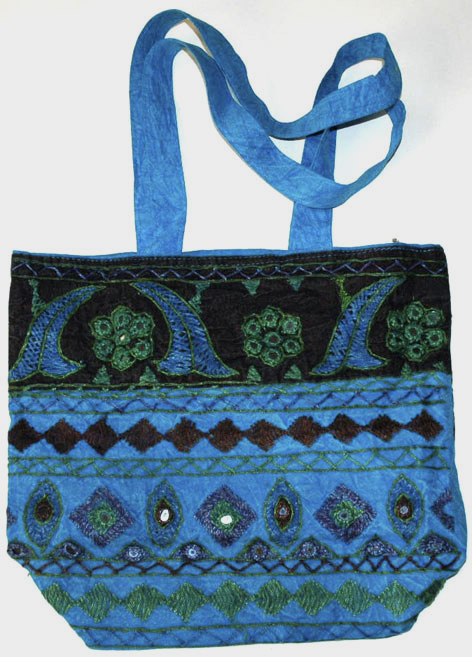 Hand Embroidered Shoulder Bag with Mirrors in Blue