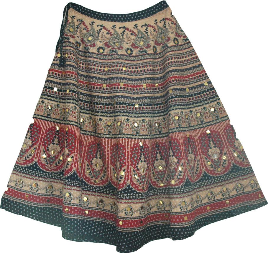 Ethnic Printed Long Indian Cotton Skirt with Sequins