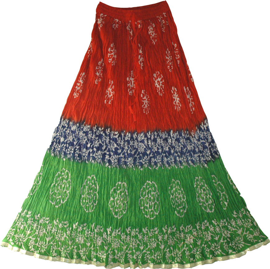 Red Batik Print  Long  Summer Skirt