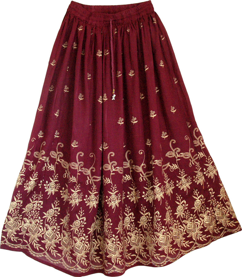 Wine Berry Golden Block Long Skirt