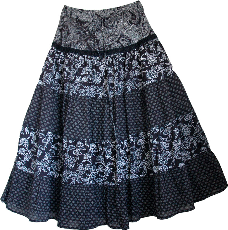 Black White  Floral Cotton Boho Skirt