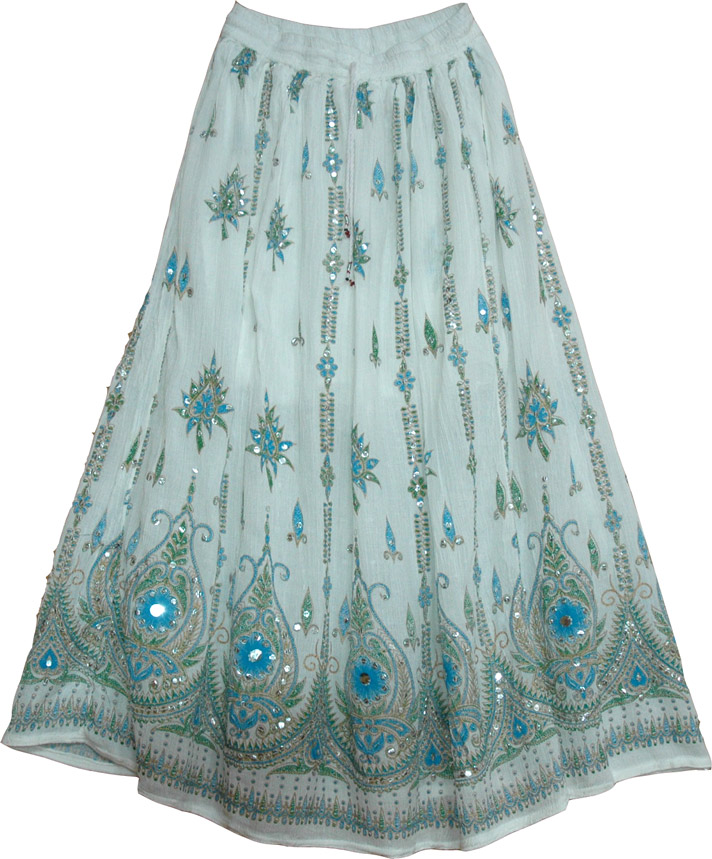 White Sequin Skirt with Floral Motifs
