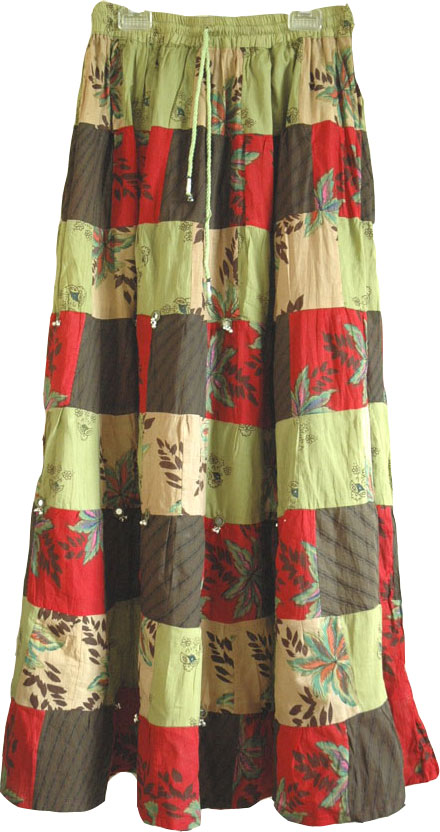 Bohemian Long Skirt in Green with Patchwork
