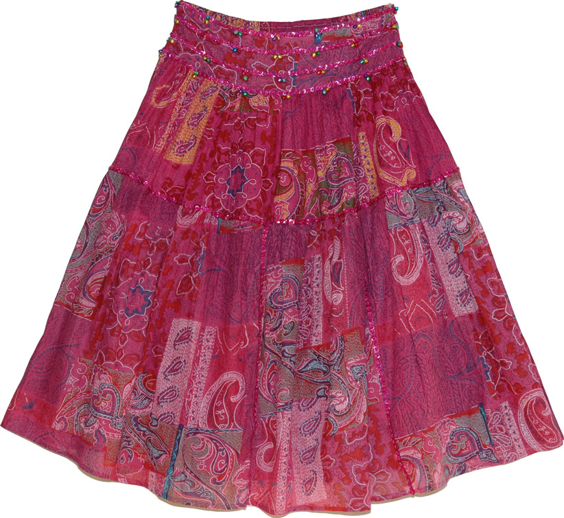 Dark pink cotton skirt with dark pink sequins, Stiletto Paisley Sequin Long Skirt