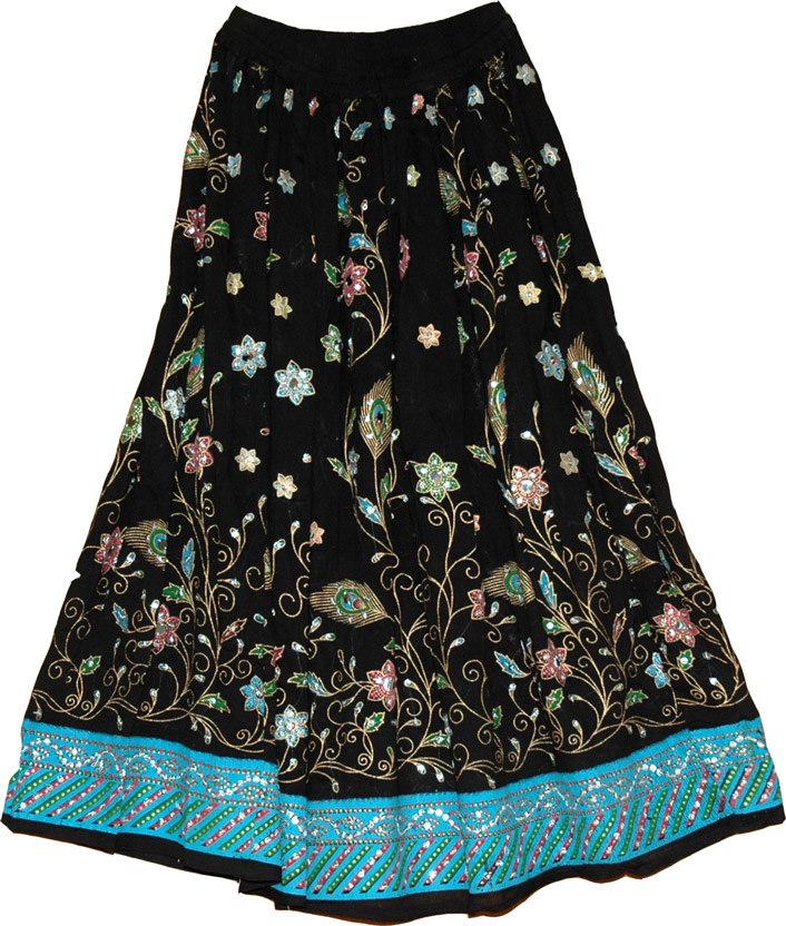 Black Sequin Long Skirt with Peacock Print