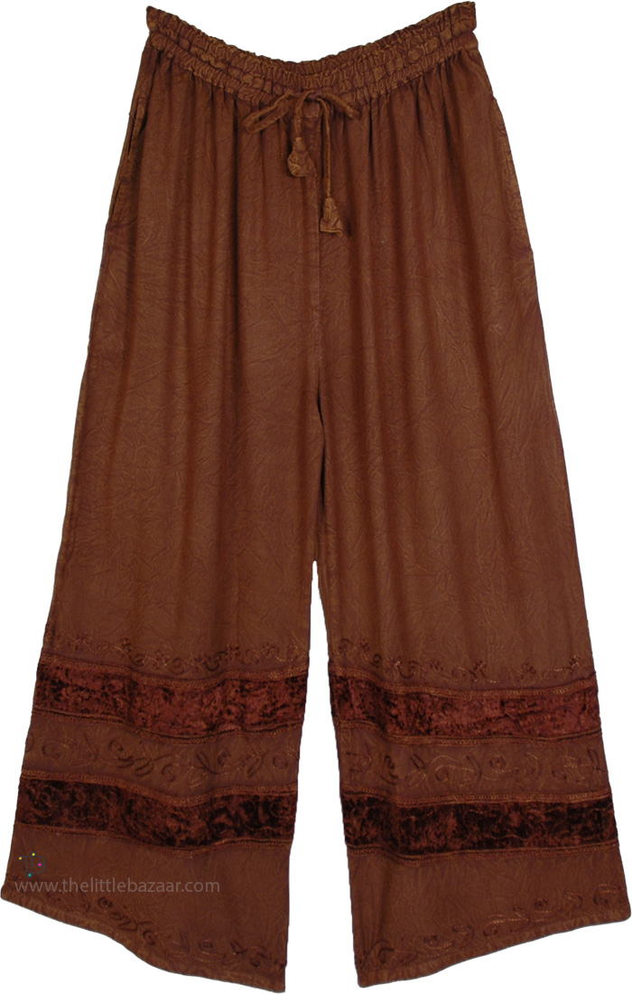 Rustic Earth Velvet Accent Palazzo Pants