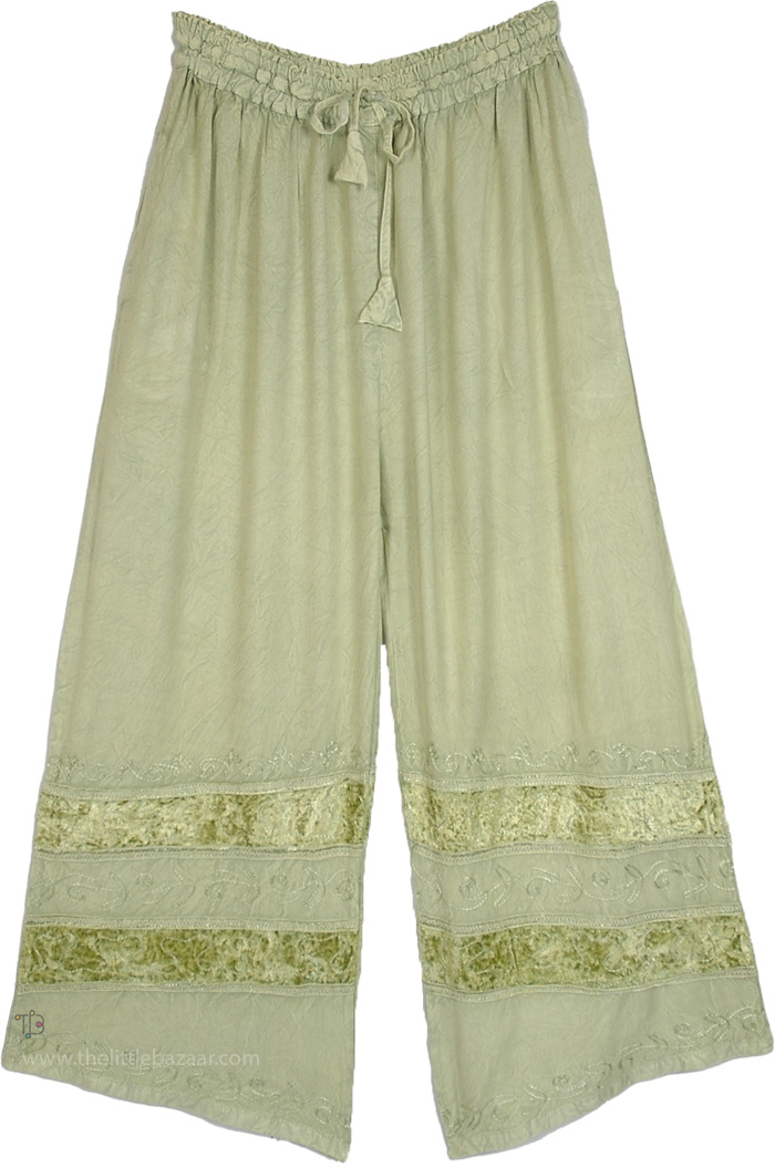 Seafoam Green Velvet-Stripe Flowy Pants, Sage Green Velvet Trim Accent Palazzo Pants