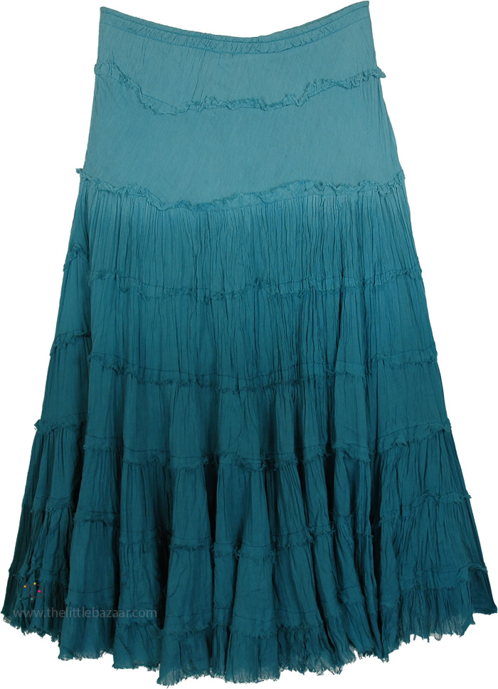 Teal Cascades Crinkled Tiered Midi Skirt