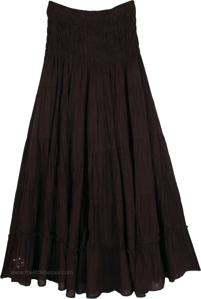 Smocked Waist Mocha Tiers Cotton Long Skirt