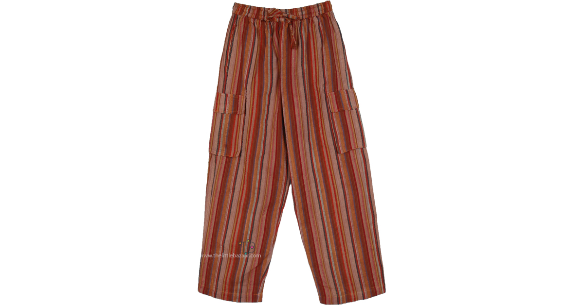 Rustic MultiTone Striped Cargo Cotton Pants Red SplitSkirtsPants