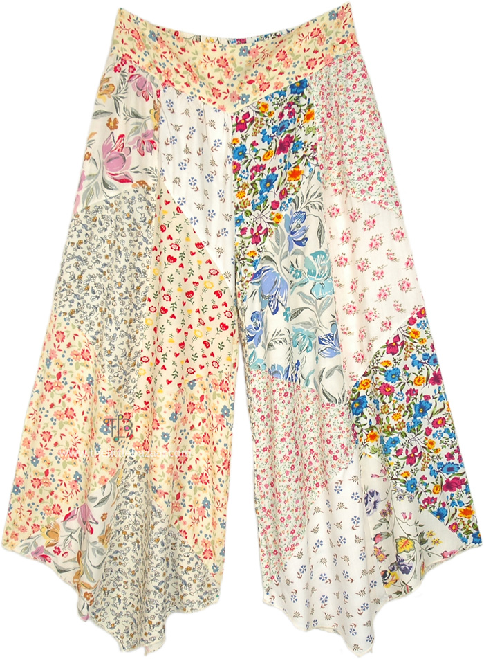 Hippie Summer Floral Cotton Patchwork Pants, Vintage Blossom Ivory Patchwork Wide Leg Pants