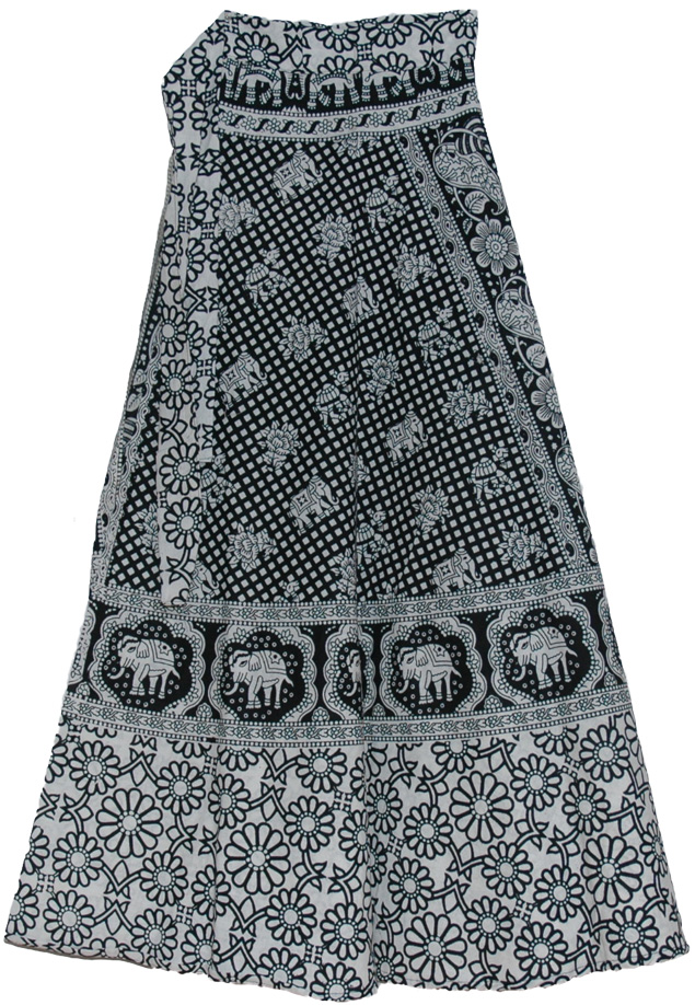 Elephant Black White Long Wrap Around Skirt