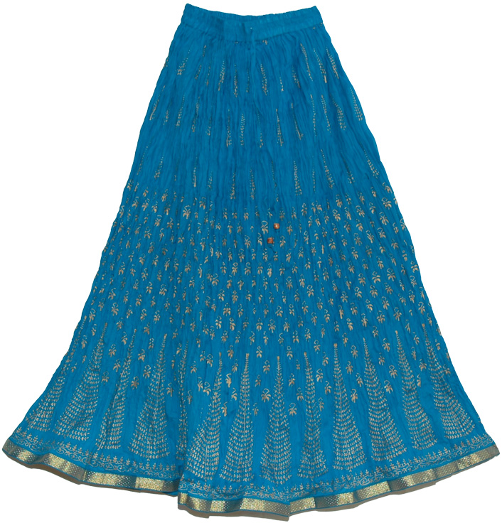 Crinkle Long Summer Skirt in Blue with Golden Print