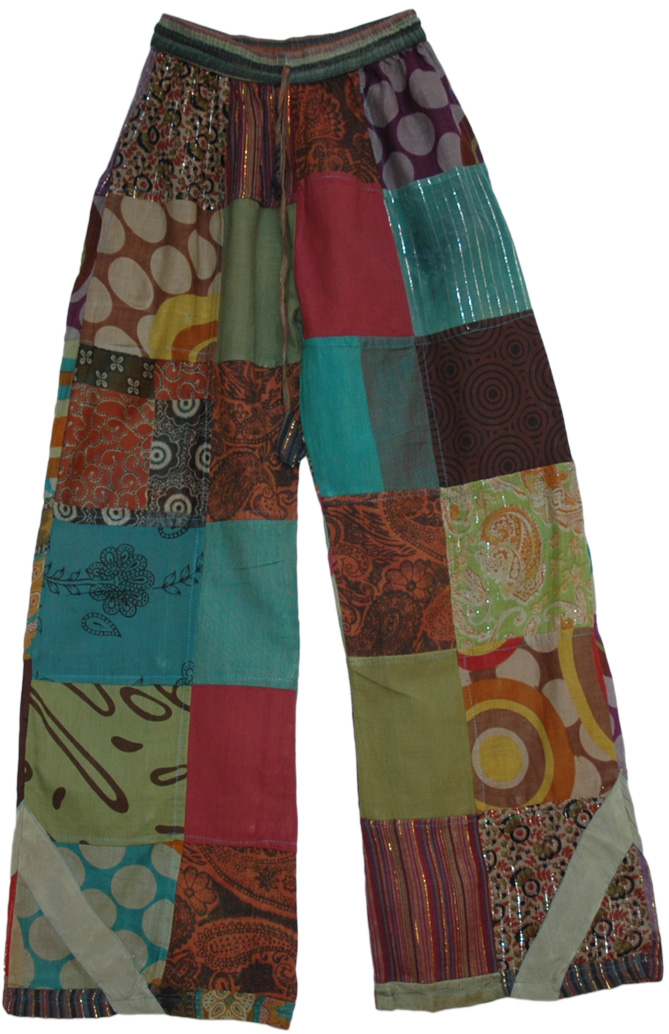 Green Amber Patchwork Lounge Pants | patchwork,40L, Split-Skirts-Pants