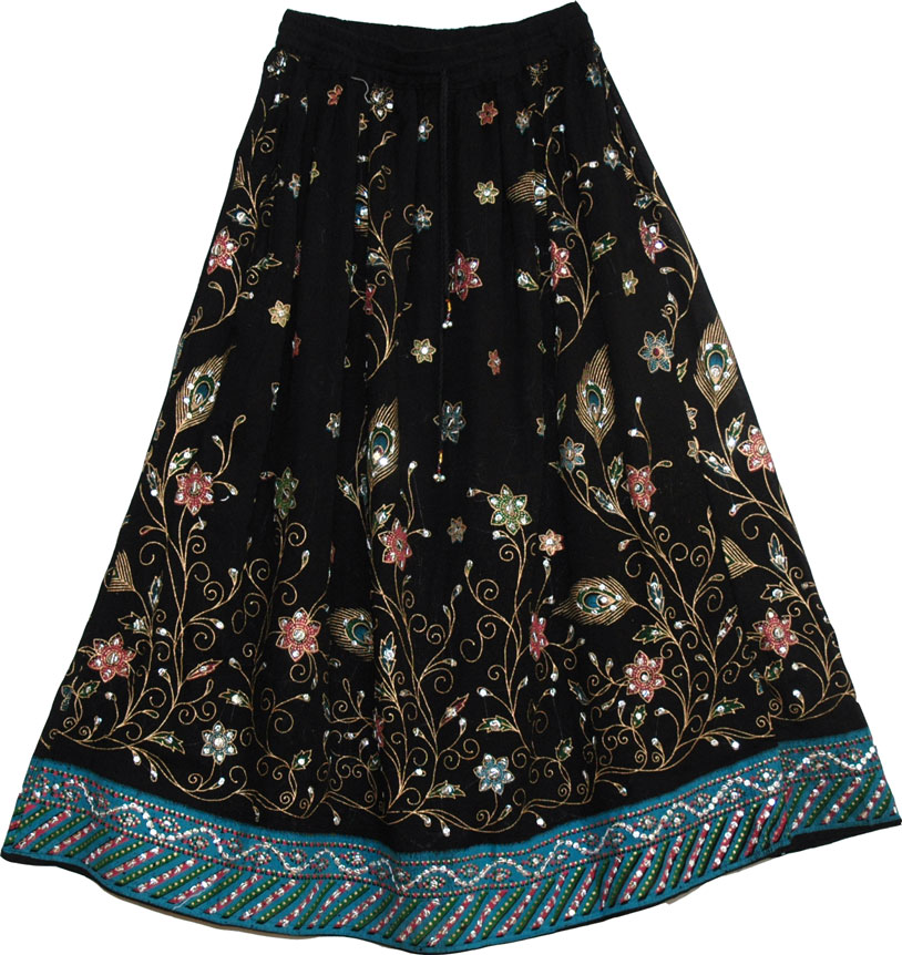 Black Sequin Long Skirt with Peacock Print