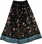 Black Sequin Long Skirt with Peacock Print