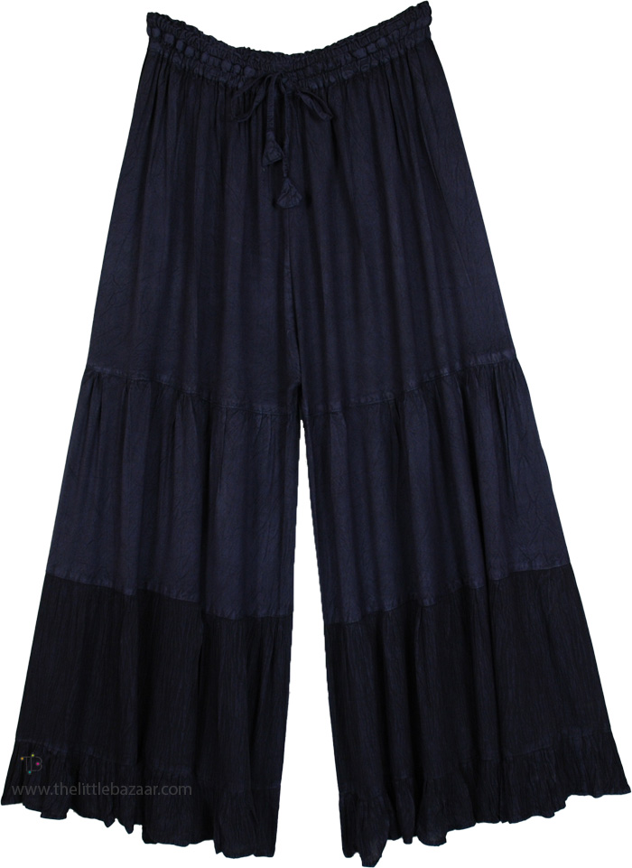 Cascading Blue Wide-Leg Flowing Palazzo Pants
