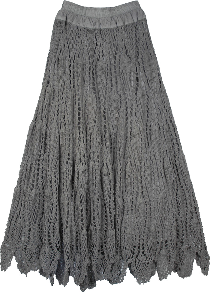 Grey Crocheted Pattern Mid Length  Skirt